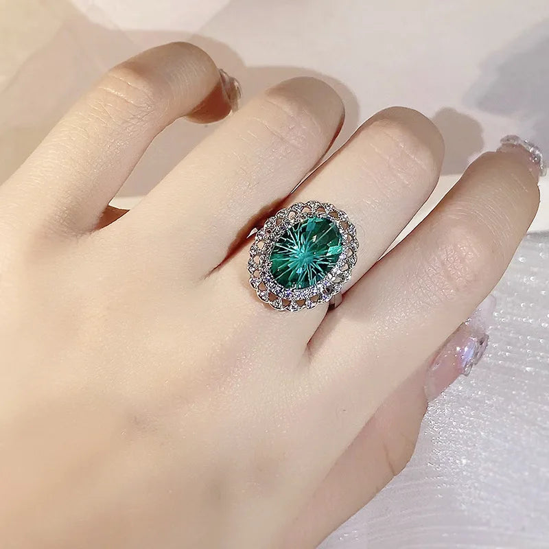 Oval Firework Craft 925 Silver Emerald Ring Party Travel Wedding