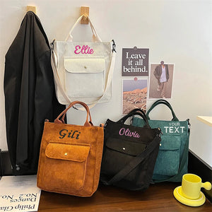Personalized Corduroy Shoulder Bag with Monogram, Handbag for Shopping