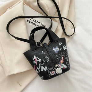 Mini Portable Bucket Bag Ladies Summer Graffiti Shoulder Bag