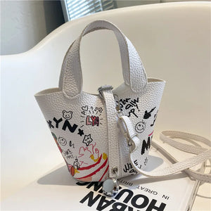 Mini Portable Bucket Bag Ladies Summer Graffiti Shoulder Bag