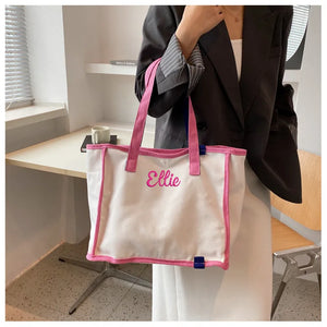 Personalized Pink Canvas Bag with Name Ladies Handbag Monogrammed Embroidery Art
