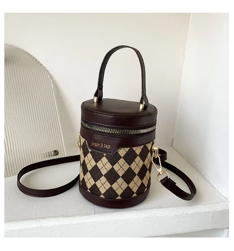 Rhombus Patchwork Bucket Bag Casual Crossbody Cylinder Bag