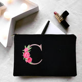 Personalized Women Makeup Bag Canvas Cosmetic Cases Handbag Pink Flowers Letter