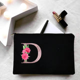 Personalized Women Makeup Bag Canvas Cosmetic Cases Handbag Pink Flowers Letter