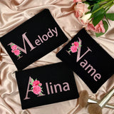 Personalized Women Makeup Bag Canvas Cosmetic Cases Handbag Pink Flowers Letter
