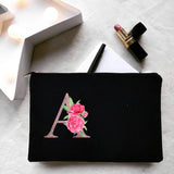 Personalized Women Makeup Bag Canvas Cosmetic Cases Handbag Pink Flowers Letter