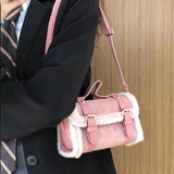 Pink/Brown PU Leather Handbags Women Shoulder Bags Plush Tote