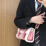 Pink/Brown PU Leather Handbags Women Shoulder Bags Plush Tote