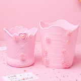 Pink Rose Flower Makeup Box Organizer Student Desktop Storage Bucket
