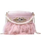 Pink Feather Diamond Small Crossbody Bag for Women Wedding Party Clutch