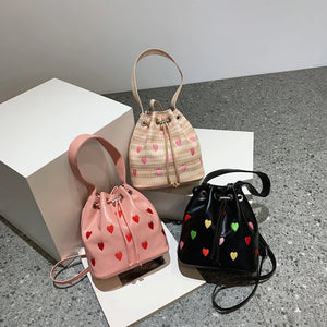 Pink Heart Embroidered Bucket Purse Women Messenger Bag