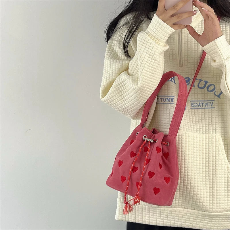 Pink Heart Embroidered Ladies Bucket Purse Handbag