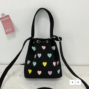 Pink Heart Embroidered Ladies Bucket Purse Handbags Love Women Messenger Bag