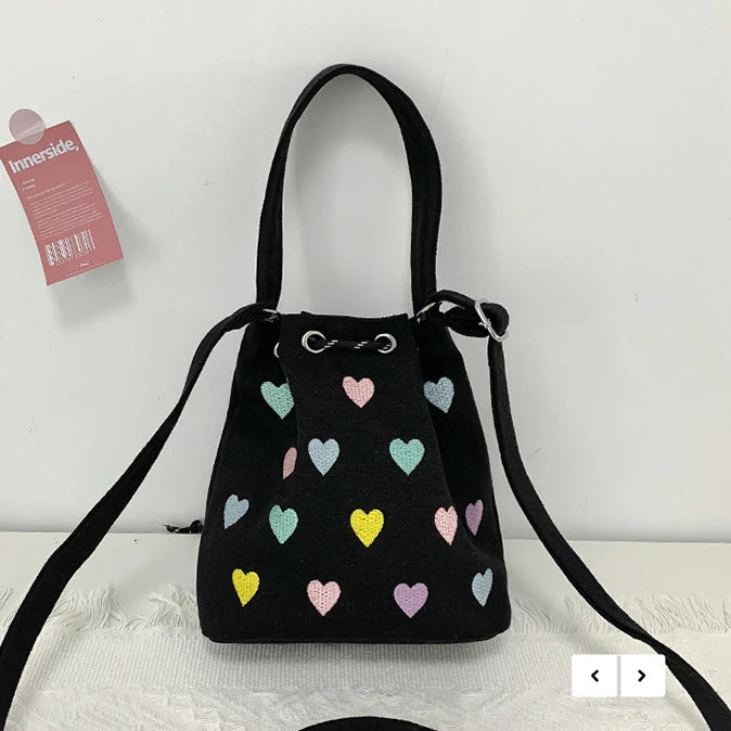 Pink Heart Embroidered Ladies Bucket Purse Handbags Love Women Messenger Bag