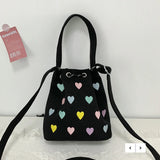 Pink Heart Embroidered Ladies Bucket Purse Handbags Love Women Messenger Bag