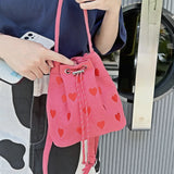 Pink Heart Embroidered Ladies Bucket Purse Handbags Love Women Messenger Bag