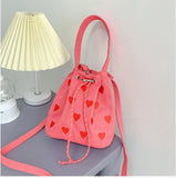 Pink Heart Embroidered Ladies Bucket Purse Handbags Love Women Messenger Bag