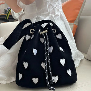 Pink Heart Embroidered Bucket Purse Love Messenger Bag