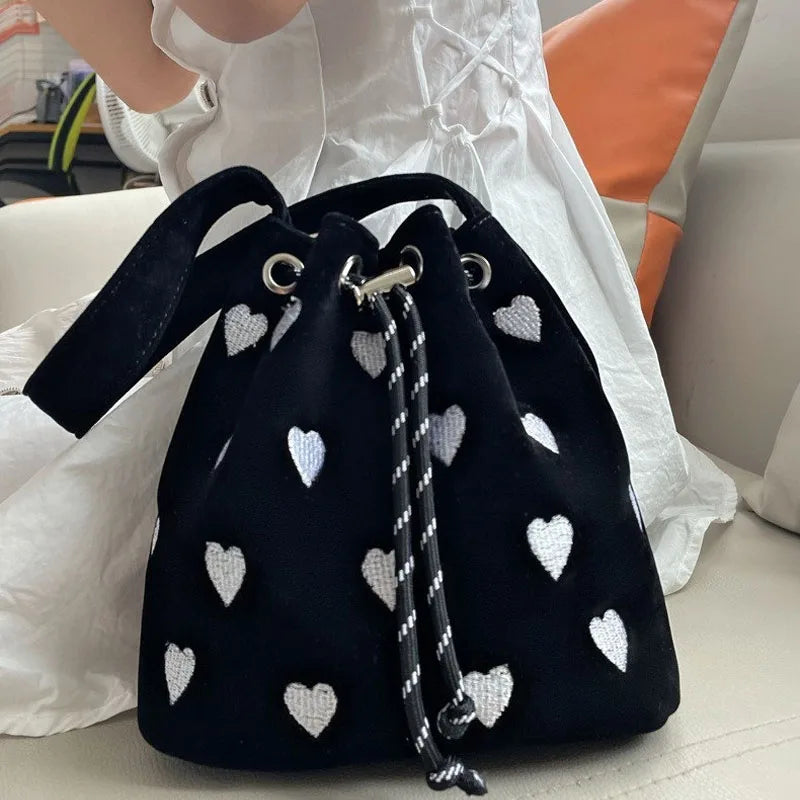 Pink Heart Embroidered Bucket Purse Love Messenger Bag