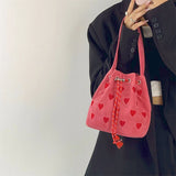 Pink Heart Embroidered Ladies Bucket Purse Handbags Love Women Messenger Bag