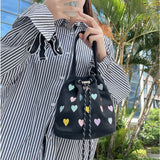 Pink Heart Embroidered Ladies Bucket Purse Handbags Love Women Messenger Bag