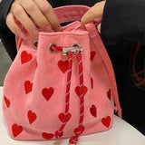 Pink Heart Embroidered Bucket Purse Love Messenger Bag