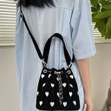 Pink Heart Embroidered Bucket Purse Love Messenger Bag