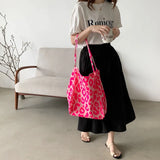 Pink Leopard Pattern Canvas Shoulder Bags for Women Large Capacity