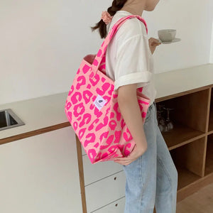 Pink Leopard Pattern Canvas Shoulder Bags for Women Large Capacity
