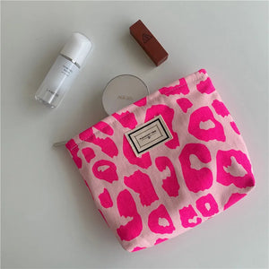 Pink Leopard Print Women's Cosmetic Bag Retro Flower Ladies Small Clutch