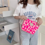 Pink Leopard Print Women's Cosmetic Bag Retro Flower Ladies Small Clutch