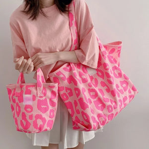 Pink Leopard Shoulder Bag Large Capacity Casual Tote Women's Canvas Bag