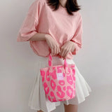 Pink Leopard Shoulder Bag Large Capacity Casual Tote Women's Canvas Bag