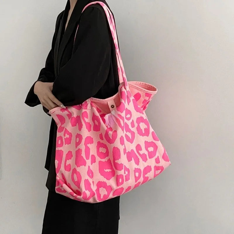 Pink Leopard Shoulder Bag Women's Large Capacity Casual Totes Ladies Canvas Bags