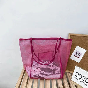 Pink Mesh Shoulder Bag Women Large High Capacity Shopping Handbags