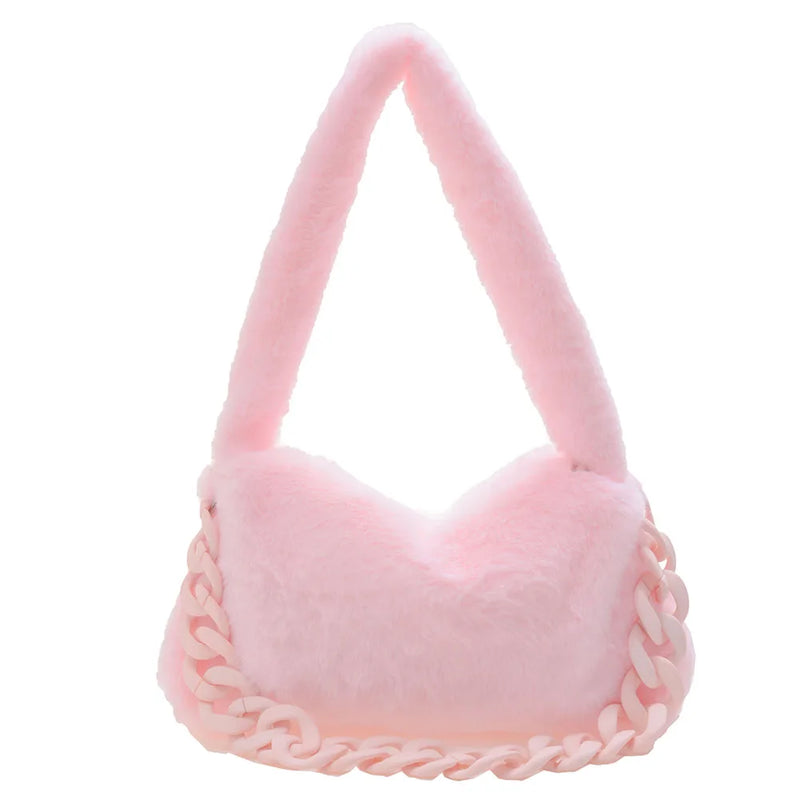 Pink Plush Shoulder Bag Faux Fur Chain Handbag Female Bag