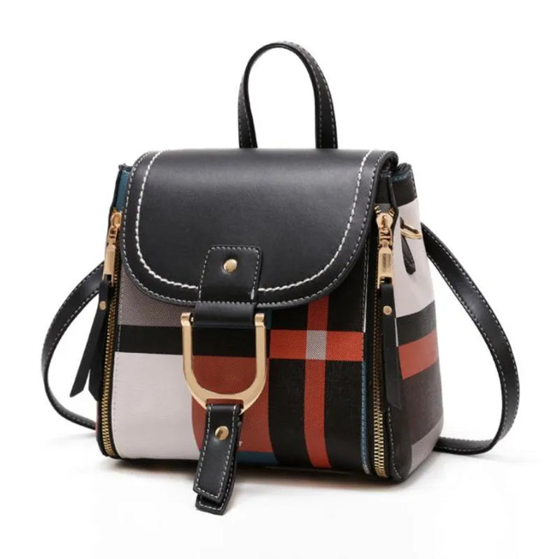 Plaid Backpack Women Bag Soft Leather Small Backpacks Shoulder Bag