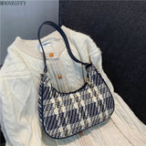Plaid Canvas Women Bag PU Leather Crescent Shoulder Bag