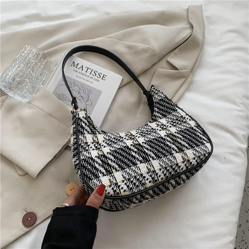 Plaid Canvas Women Bag PU Leather Crescent Shoulder Bag