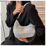 Plaid Canvas Women Bag PU Leather Crescent Shoulder Bag