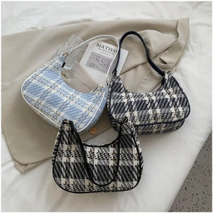 Plaid Canvas Women's Shoulder Bag Leather Crescent Handbags
