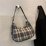 Plaid Canvas Women's Bag PU Leather Crescent Shoulder Bag