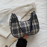 Plaid Canvas Women's Bag PU Leather Crescent Shoulder Bag
