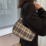 Plaid Canvas Women's Bag PU Leather Crescent Shoulder Bag