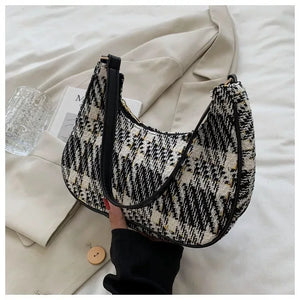 Plaid Canvas Women's Bag PU Leather Crescent Shoulder Bag