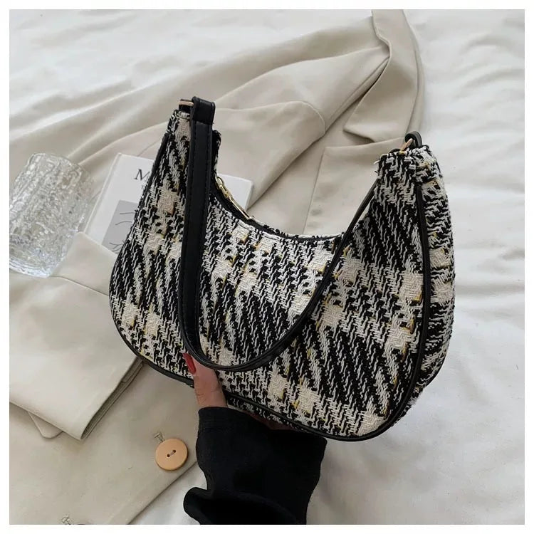Plaid Canvas Women's Bag PU Leather Crescent Shoulder Bag
