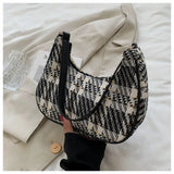 Plaid Canvas Women's Bag PU Leather Crescent Shoulder Bag