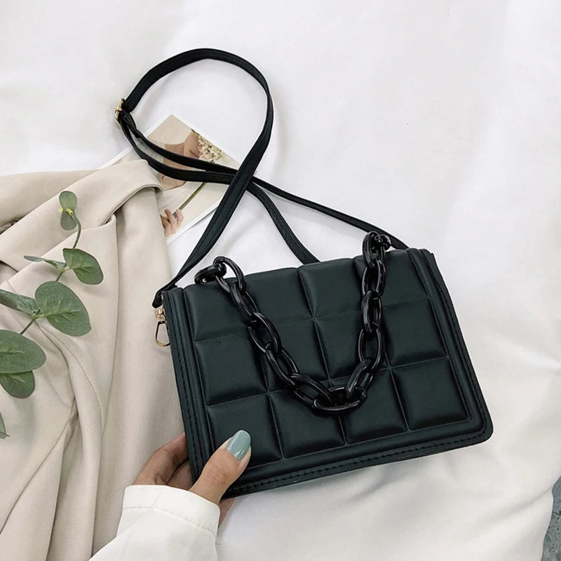 Plaid Flap Shoulder Crossbody Bag Chain PU Leather Handbag Tote Clutch