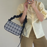 Plaid Fold Drawstring Handbag for Women Girls Small Shoulder Underarm Bag