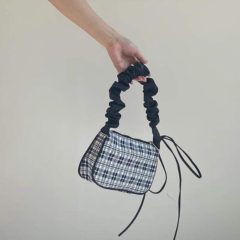 Plaid Fold Drawstring Handbag for Women Girls Nylon Small Shoulder Underarm Bag